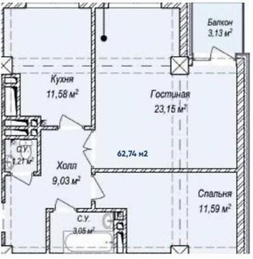 псо 2 ком: 2 комнаты, 62 м², Аламедин-1 мкр 2 этаж, ПСО (под самоотделку) — 3