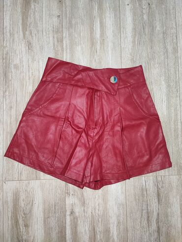 zenske pantalone od lana: S (EU 36), Faux leather, color - Burgundy, Single-colored