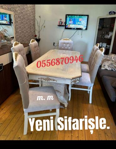 Masa və oturacaq dəstləri: Qonaq otağı üçün, Yeni, Açılmayan, Dördbucaq masa, 6 stul — 4