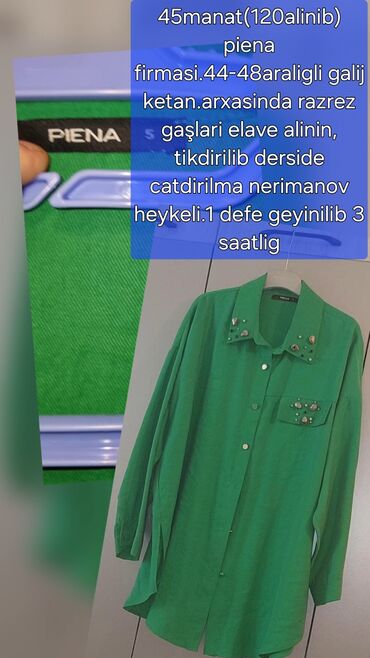 женские шерстяные кофты: Piena firmasının yaşıl qadın köynəyi - Parça: kətan (galin ketan kimi