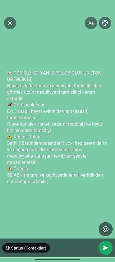 bağ evine axran: Təmizlikçi xanım tələb olunur (tək dəfəlik iş) İşin təsviri: - Həyət — 1