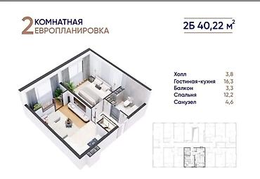 Продажа квартир: 1 комната, 40 м², Ошский мкр., Элитка, 3 этаж, ПСО (под самоотделку) — 2