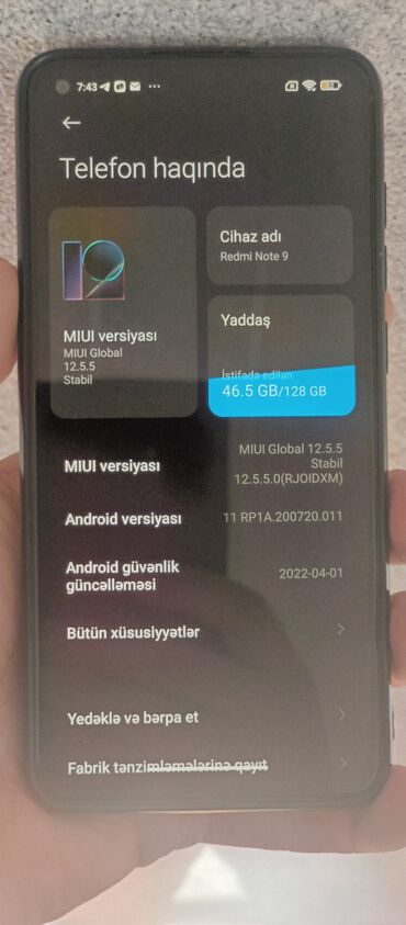 xiaomi redmi 9 t: Xiaomi Redmi Note 9, 128 GB, rəng - Göy, 
 Barmaq izi, İki sim kartlı, Face ID