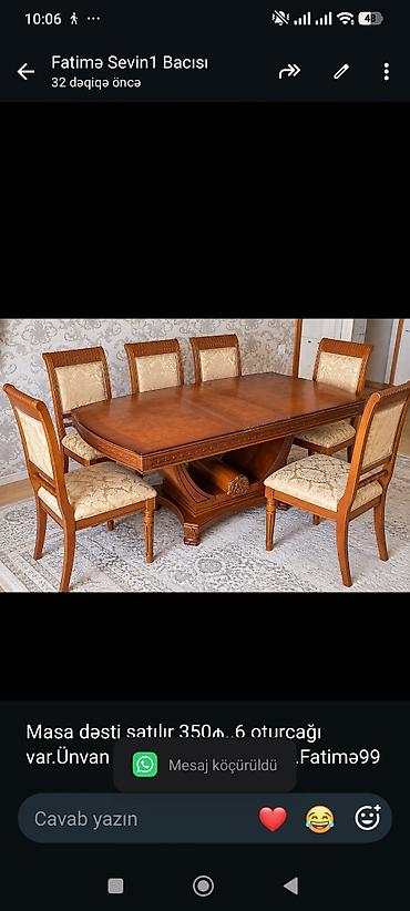 Masa dəsti satılır 350₼. 6 oturcağı var.Ünvan Köhnə
