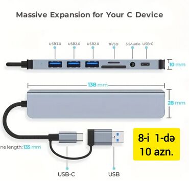 Digər kompüter aksesuarları: 8-i və 7-si 1-ində GENİŞLƏNDİRİCİ USB-lər satılır. • 1 USB — 10