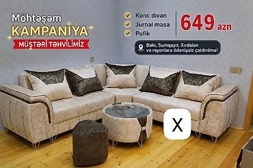 Möhtəşəm kampaniya dəsti: - Künc divan - Jurnal masa - Pufik Rəng