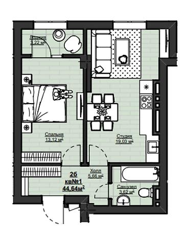 1 комната, 45 м², Асанбай мкр 12 этаж, ПСО (под самоотделку)