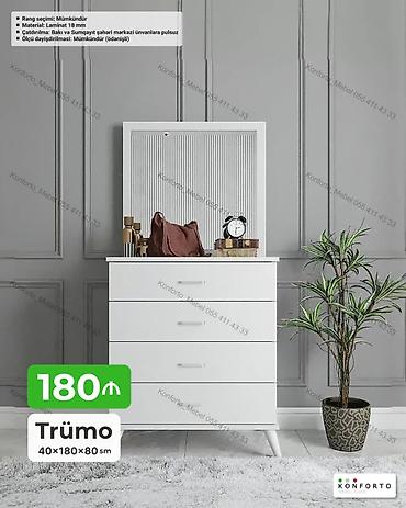 Komodlar: Ağ rəngdə modern trümo – 40×180×80 sm ölçüdə. - Material: 18 mm — 1