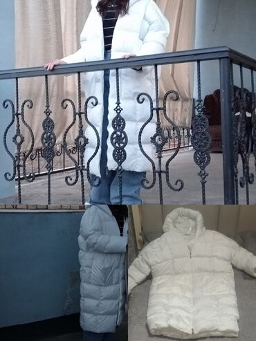женское пальто: Qadın üçün uzun şişmə palto - Rəng: ağ - Model: kapüşonlu, uzun
