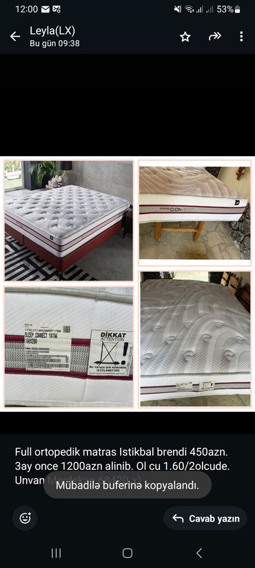 Asılqanlar: Full ortopedik matras Istikbal brendi 450azn. 3ay once 1200azn alinib