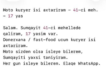 satici axtarilir: Moto-kuryer tələb olunur, Təcrübəsiz — 1