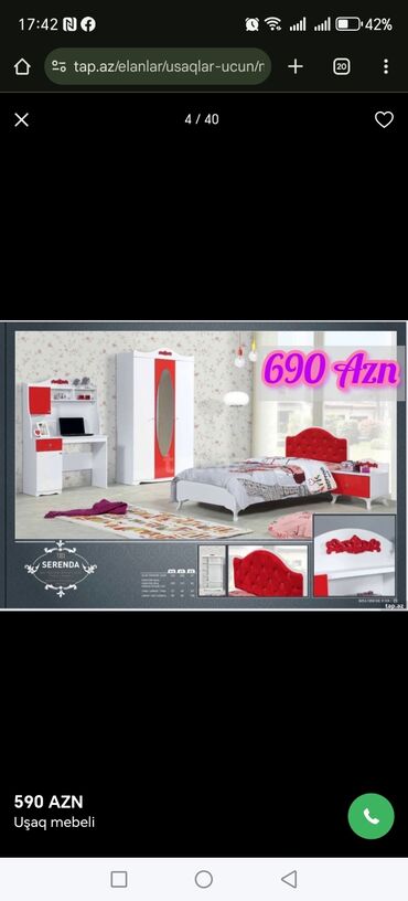 Uşaq və gənc otağı üçün dəstlər: Oğlan və qız üçün, Təknəfərlik çarpayı, Yazı masası — 2