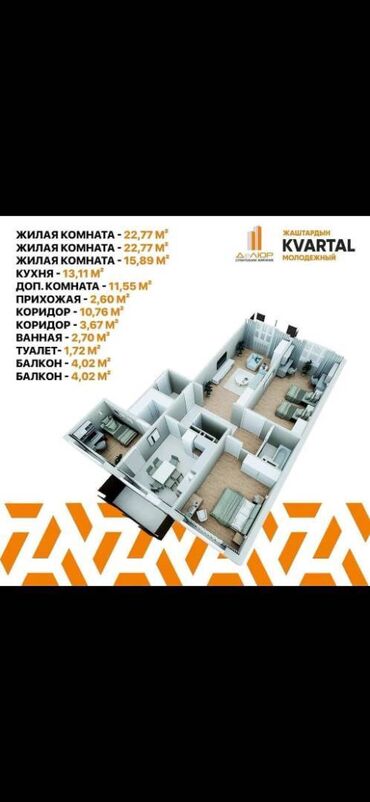 квартира киргизия: 4 комнаты, 115 м², Элитка, 3 этаж, ПСО (под самоотделку)