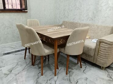Masa və oturacaq dəstləri: Qonaq otağı üçün, Yeni, Açılan, Dördbucaq masa, 4 stul — 6