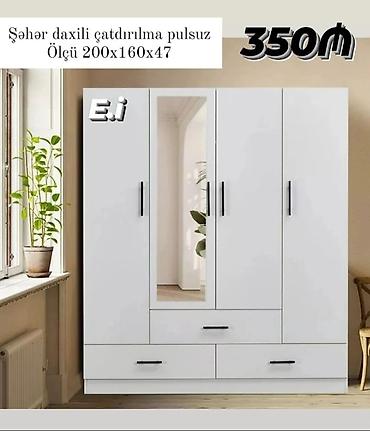 ucuz dolablar: Ağ rəngli 4 qapılı paltar şkafı - Ölçü: 200 x 160 x 47 sm - Ortada tam — 1