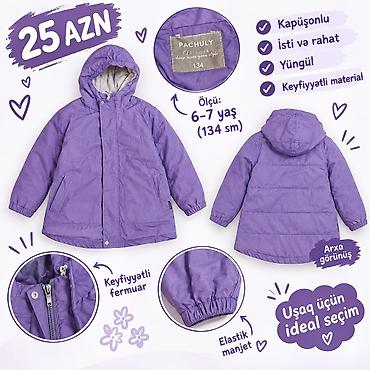 uşaq pampers: Uşaq üçün kapüşonlu qız jaketləri – 6-7 yaş Model 1 – Bənövşəyi — 2