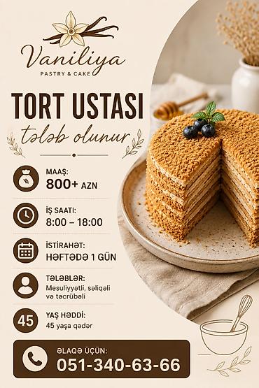 tort ustası: Şirniyyat mağazasına tort ustası teleb olunur. -Maaş: 800+ -İş saatı — 1