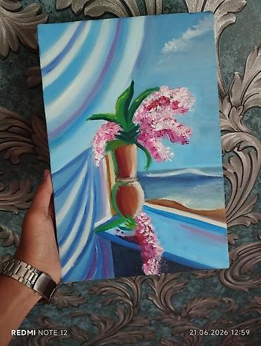 gül şekilleri: Yağlı boya tablo – pəncərə kənarında çəhrayı çiçəklərlə dolu vazalı — 1