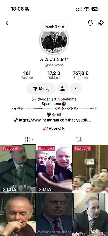market reklamları: Satılır: TikTok hesabı “HACIYEV” (@haciyevss) - 17,2K izləyici - — 1