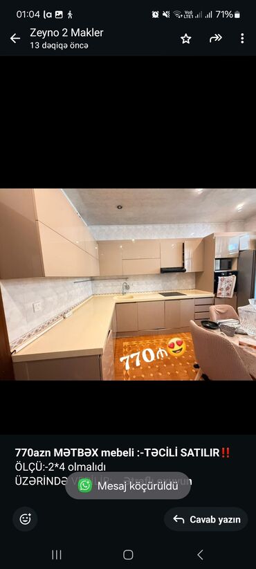 Мебель: *770azn MƏTBƏX mebeli :-TƏCİLİ SATILIR*‼️ ÖLÇÜ:-2*4 olmalıdı ÜZƏRİNDƏ