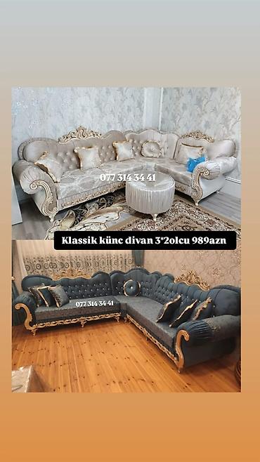 Klassik künc divan – 3×2 ölçü Model: klassik barok üslubunda, qızılı