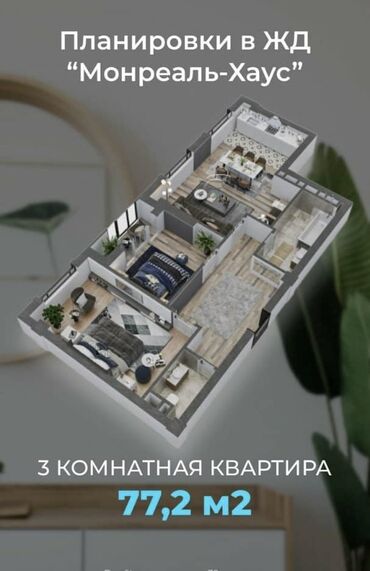 квартира на ошском рынке: 3 комнаты, 77 м², Элитка, 10 этаж, ПСО (под самоотделку)