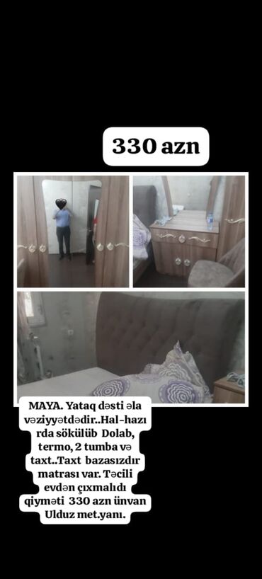 taxt döşeyi: 🩸MAYA 🩸 Yataq dəsti əla vəziyyətdədir. Hal-hazırda sökülüb Dolab