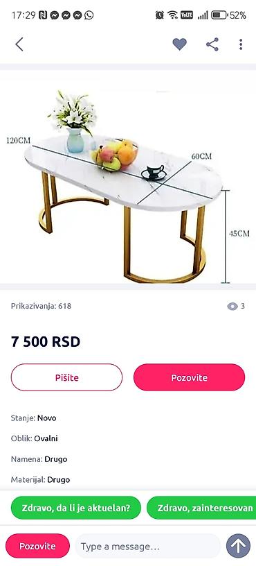 prodajem decu: Elegantan ovalni klub sto - Dimenzije: 120 × 60 × 45 cm - Gornja — 2