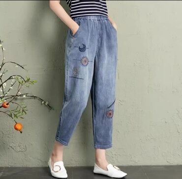 джинсы krezz: Прямые, Высокая талия, С вышивкой