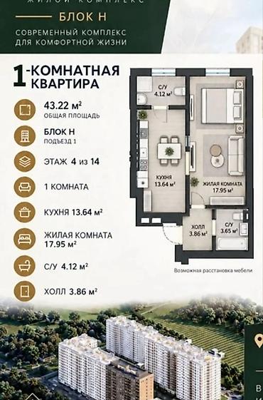 Продажа квартир: 1 комната, 43 м², Асанбай мкр Элитка, 5 этаж, ПСО (под самоотделку) — 2