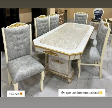 Masa və oturacaq dəstləri: Qonaq otağı üçün, Yeni, Açılmayan, Dördbucaq masa, 6 stul — 18