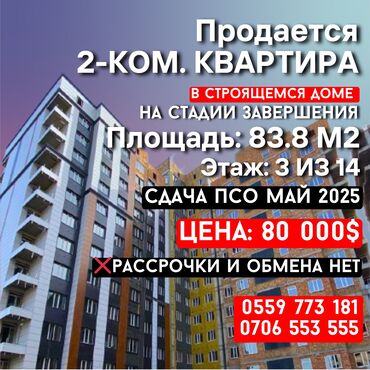 без первоначального взноса ипотека бишкек: 2 комнаты, 84 м², Элитка, 3 этаж, ПСО (под самоотделку)