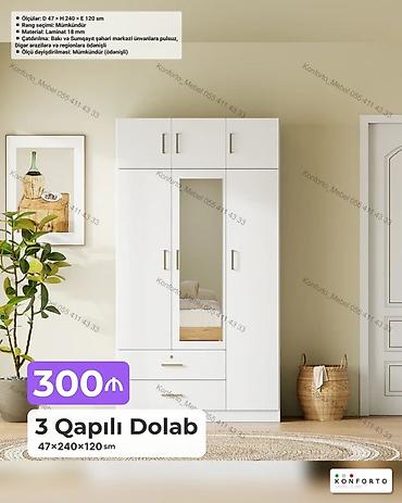 Mebel: 3 qapılı paltar dolabı Ölçülər: 47 × 240 × 120 sm Material: 18 mm — 1