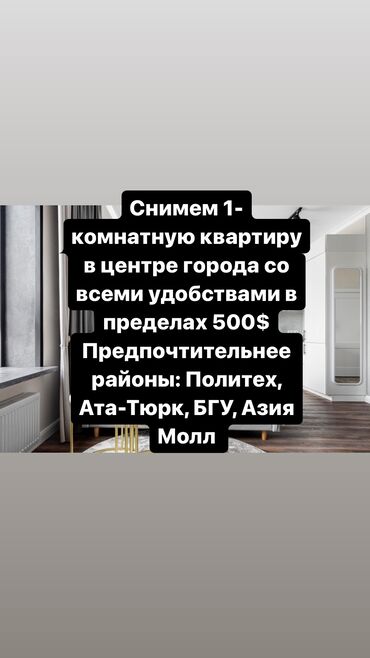 сниму квартиру в городе бишкек: 1 комната, 60 м², С мебелью