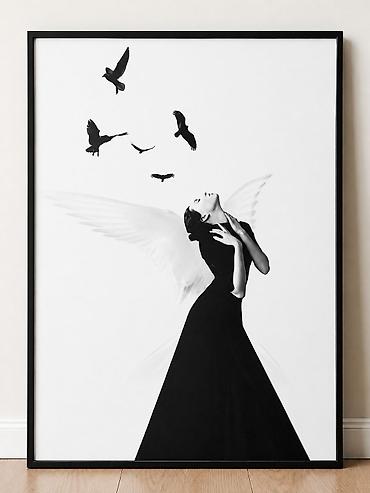 ucan: Minimalist qara-ağ incəsənət posteri – “Mələklə Uçuş” - Təsvir: Zərif — 1