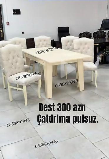 Masa və oturacaq dəstləri: Qonaq otağı üçün, Yeni, Açılmayan, Dördbucaq masa, 6 stul — 8