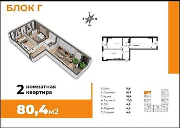 2 комнаты, 80 м², Аламедин-1 мкр Элитка, 6 этаж, ПСО (под самоотделку)