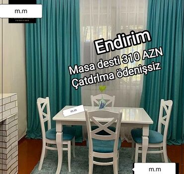 Masalar: Mətbəx üçün, Yeni, Açılmayan, Dördbucaq masa, 4 stul, Azərbaycan