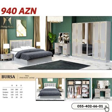 Divan və masa dəstləri: İkinəfərlik çarpayı, Dolab, Termo, 2 tumba, Yeni