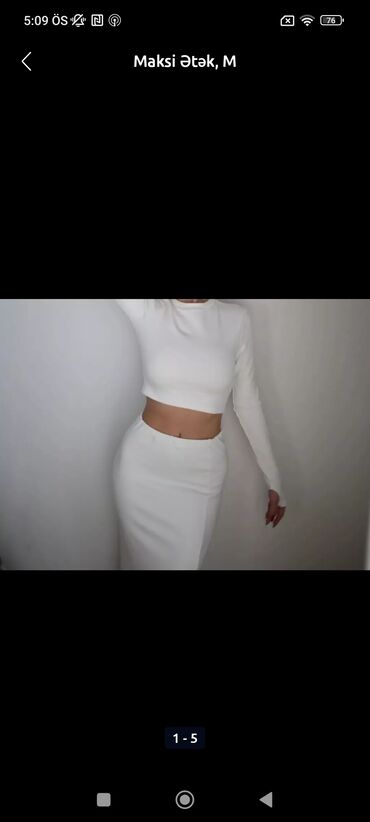 qadin ucun kostyum salvar: Maksi ətək + uzunqol crop top dəsti - Rəng: ağ - Ölçü: M (etiketli) -