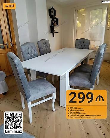 Masa dəsti – kod: 3497 - Dəst: 1 masa + 6 stul - Ölçülər: 90 × 160 sm