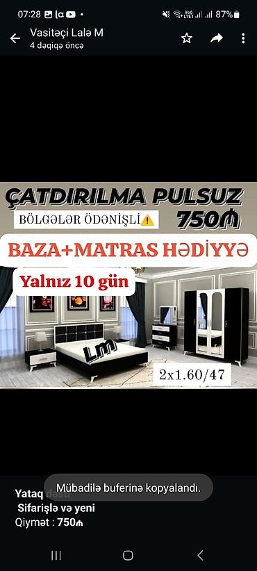 Мебель: *Yataq dəsti* *Sifarişlə və yeni* Qiymət : *750₼* Dəstə daxildir — 2