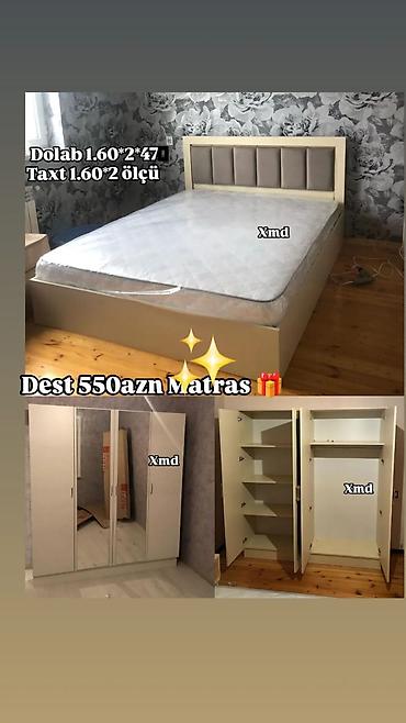 mebel dolab: Yataq otağı dəsti - Taxt: 1.60 × 2.00 m ölçü. Yumşaq başlıqla, alt — 1