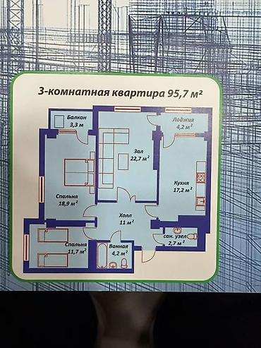 centra: 3 комнаты, 96 м², Пишпек Элитка, 13 этаж, ПСО (под самоотделку) — 1