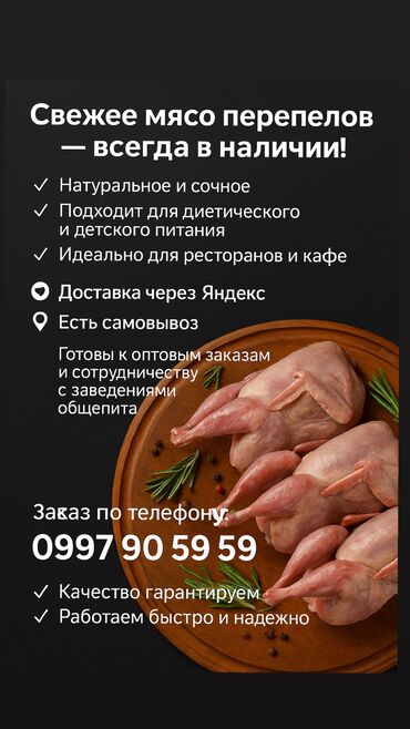 ячмень цена: Мясо перепелов | Домашнее | 800 сом/кг Описание: Продаю свежее мясо