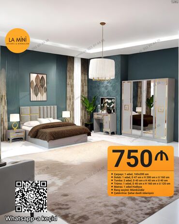 Yataq otağı dəstləri: İkinəfərlik çarpayı, Dolab, 2 tumba, Azərbaycan, Yeni — 16