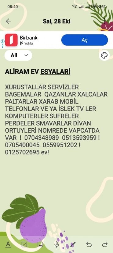 kişilər üçün vizitka qabı: Xidmət: Ev əşyalarının alınması Aşağıdakı əşyalar alınır: - Xrustal
