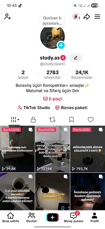 hazir reklam: ​Təhsil (Study) mövzulu aktiv TikTok hesabı satılır. ​İzləyici: 2,783 — 2