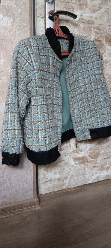 купить кожаную куртку в баку: Zərif tweed bombər gödəkcə - Material: çoxrəngli tweed (mavi-yaşıl