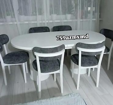 sac stolu: Ağ oval yemək masası və 6 ədəd stul dəsti. Xüsusiyyətlər: - Masa — 1